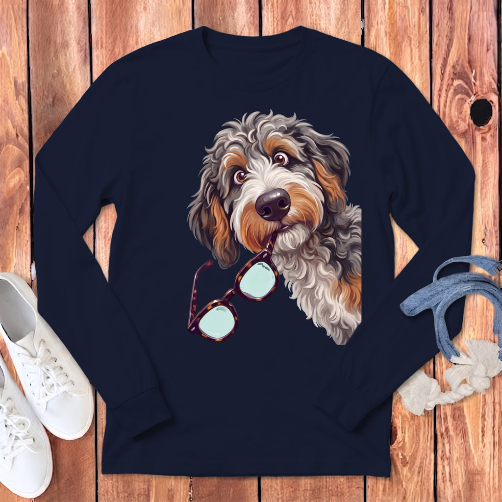 Dark blue long-sleeve crewneck featuring a graphic of a fluffy dog holding glasses in its mouth.