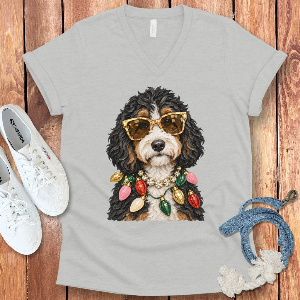 Bernedoodle Christmas Glam V-Neck T-Shirt in Athletic Heather / S by Puppy Jo