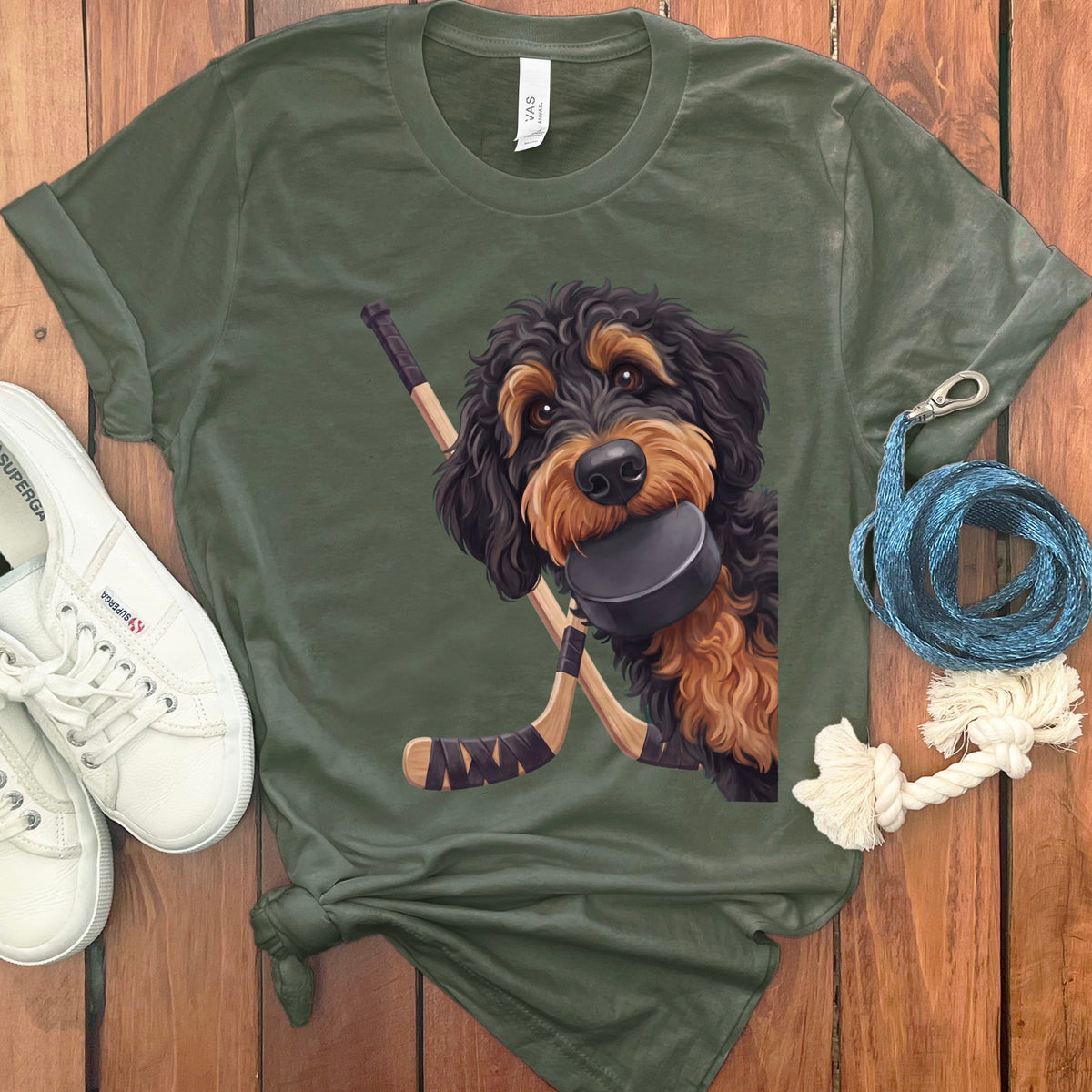 Phantom Goldendoodle Hockey T-Shirt in Military Green / S by Puppy Jo