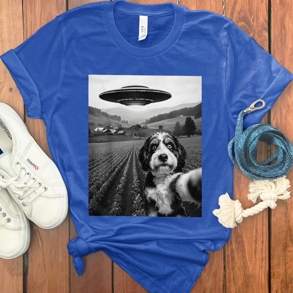 UFO Encounter with Cute Dog in Field Shirt