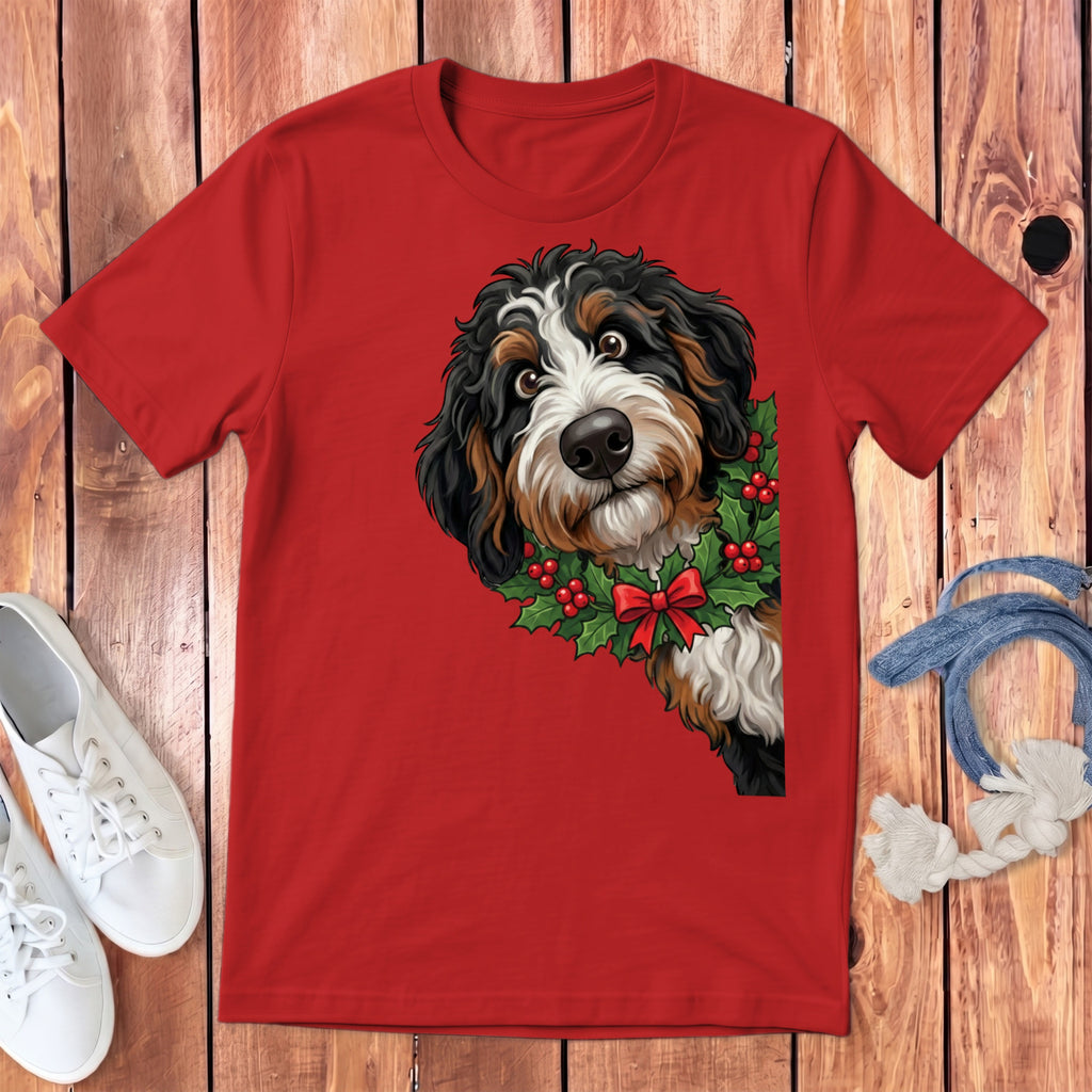 Bernese Mountain Dog wearing a holly wreath with a red bow on a red t-shirt.