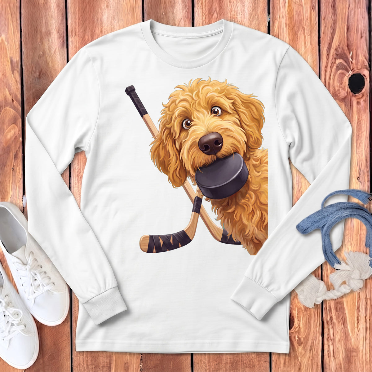 Golden Goldendoodle Hockey Long Sleeve T-Shirt in White / S by Puppy Jo