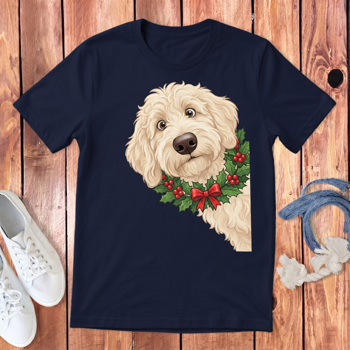 Goldendoodle dog peeking from behind Christmas holly and red bow on a navy shirt.
