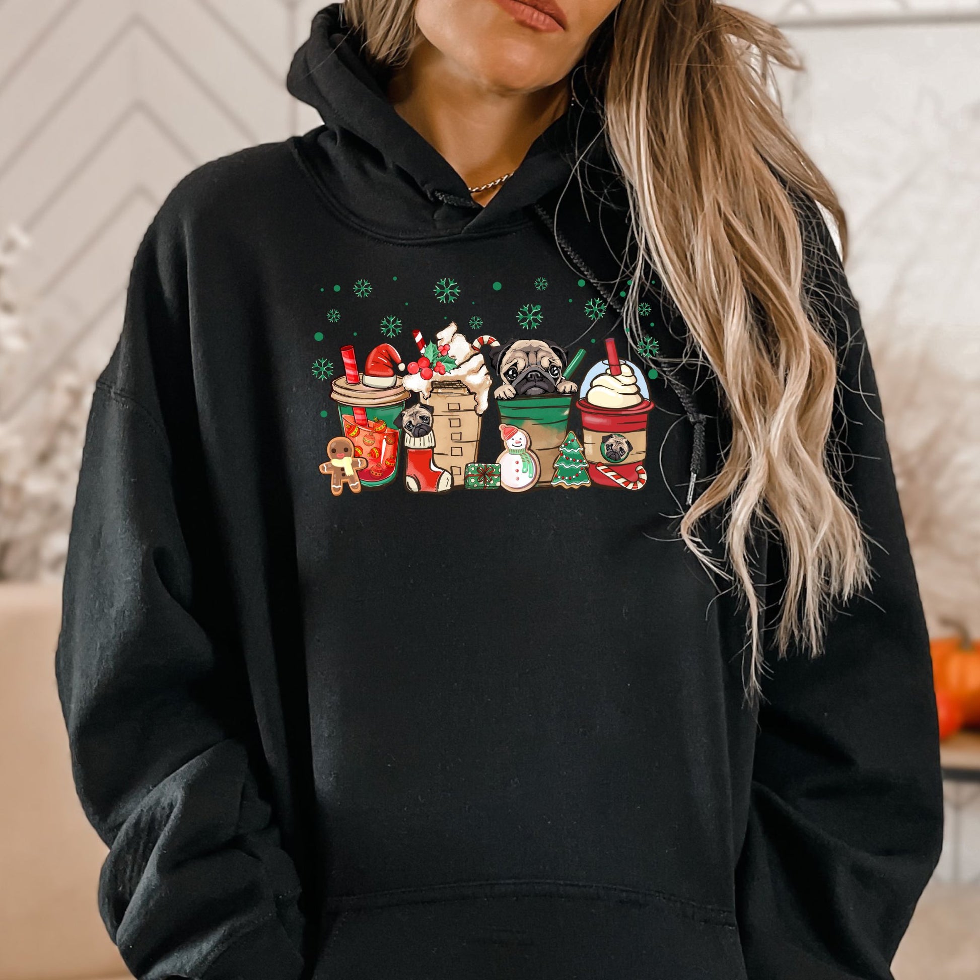 Christmas Pugs and Coffee Hoodie Sweatshirt - PuppyJo Hoodie S / Black