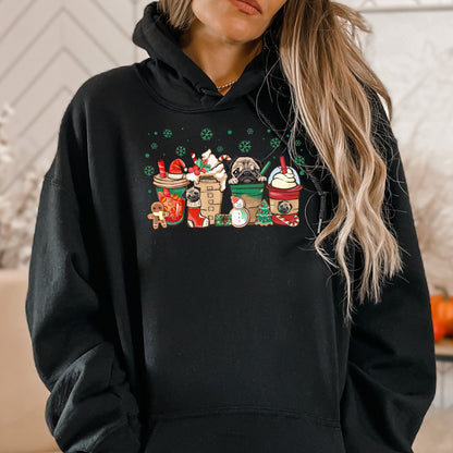 Christmas Pugs and Coffee Hoodie Sweatshirt - PuppyJo Hoodie S / Black