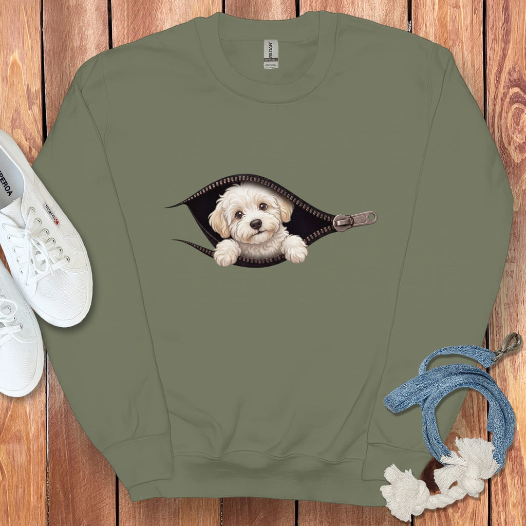 Maltipoo Peeking Zipper Sweatshirt in Military Green / S by Puppy Jo