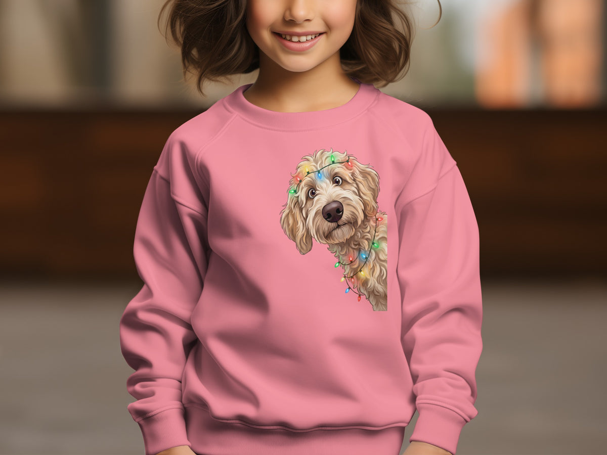 Pink crewneck sweatshirt with a doodle dog wearing colorful holiday lights graphic.