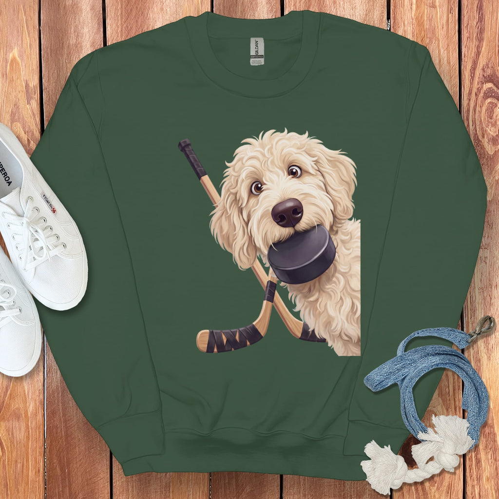 Cream Goldendoodle Hockey Sweatshirt in Forest Green / S by Puppy Jo