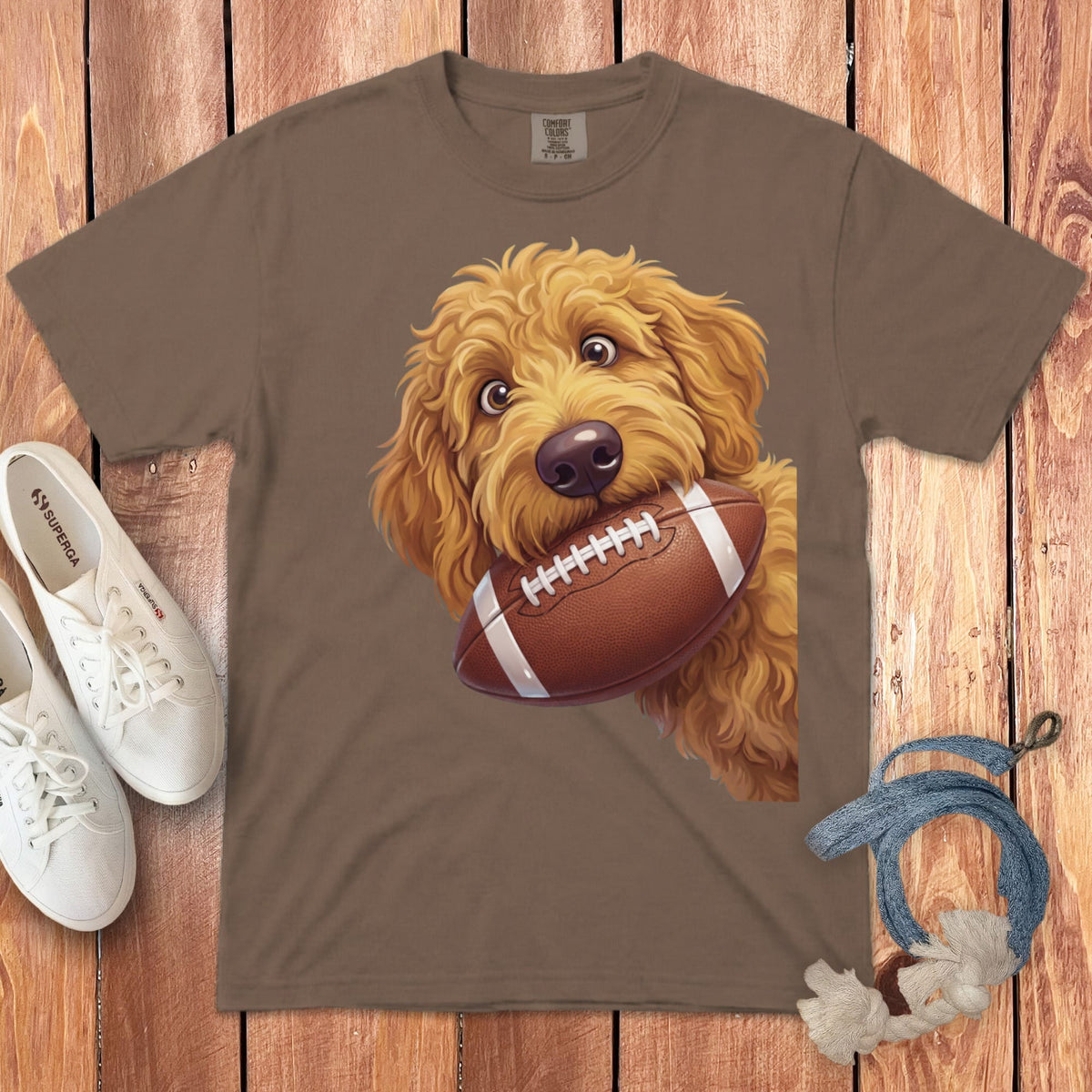 Apricot Goldendoodle Football Signature T-Shirt in Espresso / S by Puppy Jo