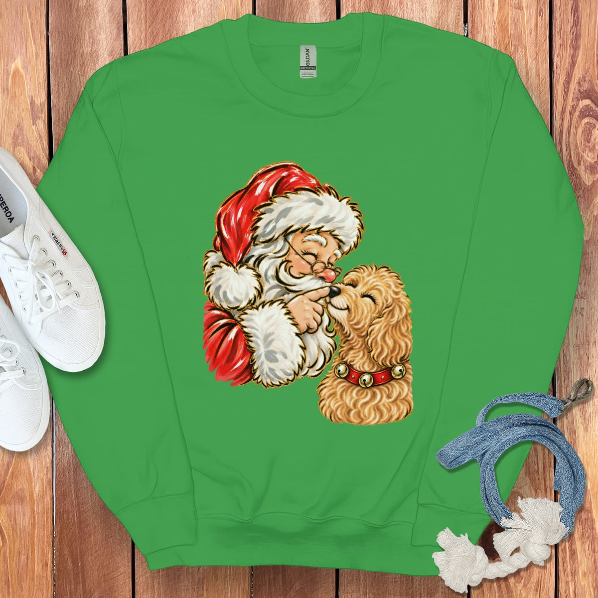Apricot Goldendoodle Santa Kiss Sweatshirt in Irish Green / S by Puppy Jo
