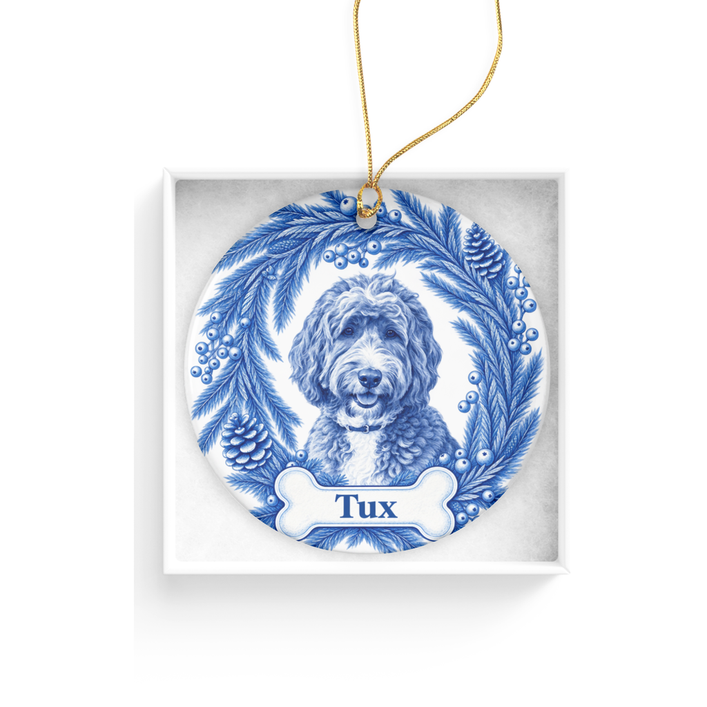 Custom Blue Toile Dog Ornament