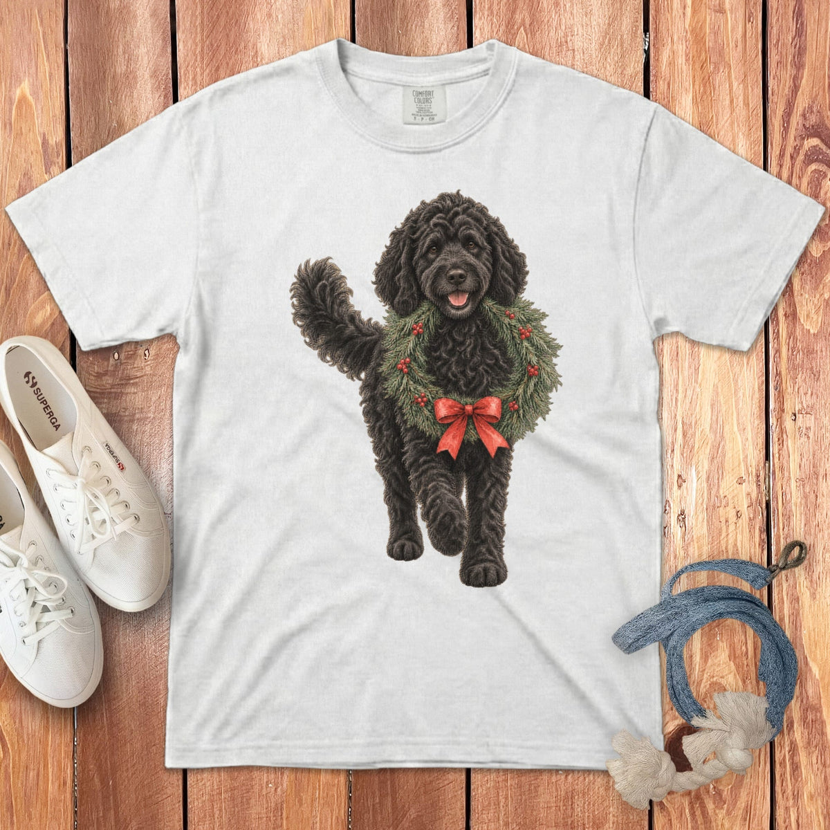 Black Goldendoodle Wreath Signature T-Shirt in White / S by Puppy Jo