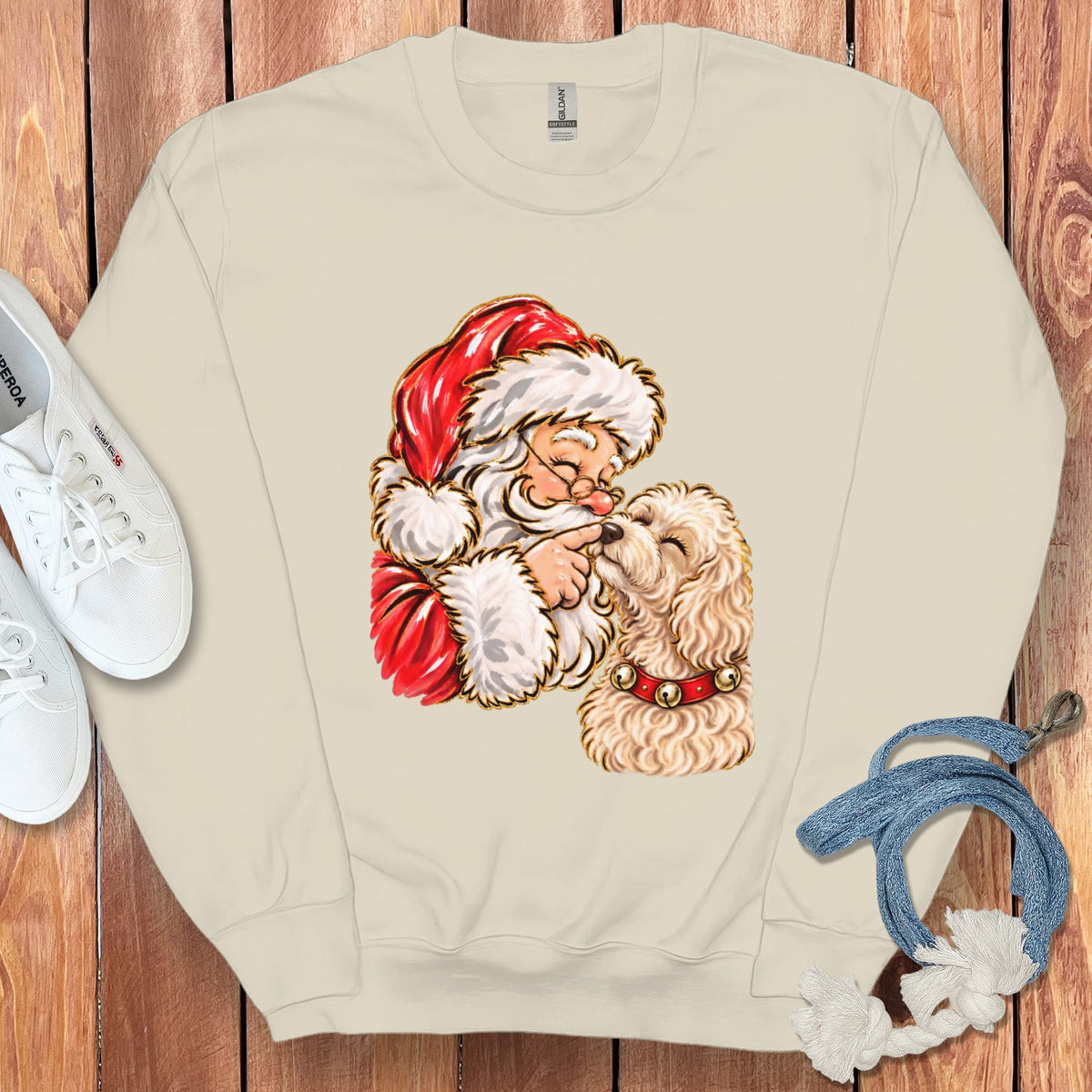 Maltipoo Santa Kiss Sweatshirt in Sand / S by Puppy Jo