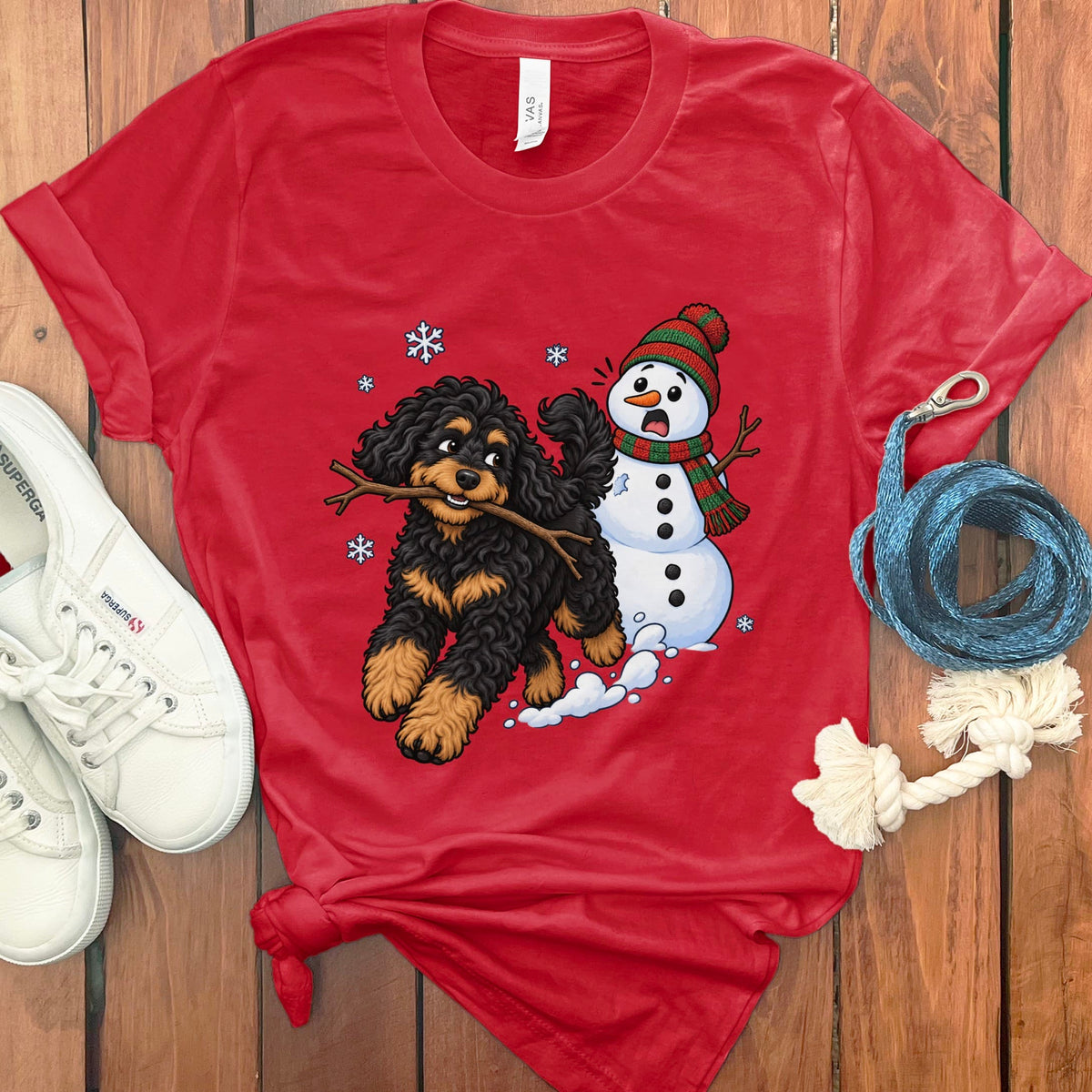 Phantom Goldendoodle Snowman T-Shirt in Red / S by Puppy Jo