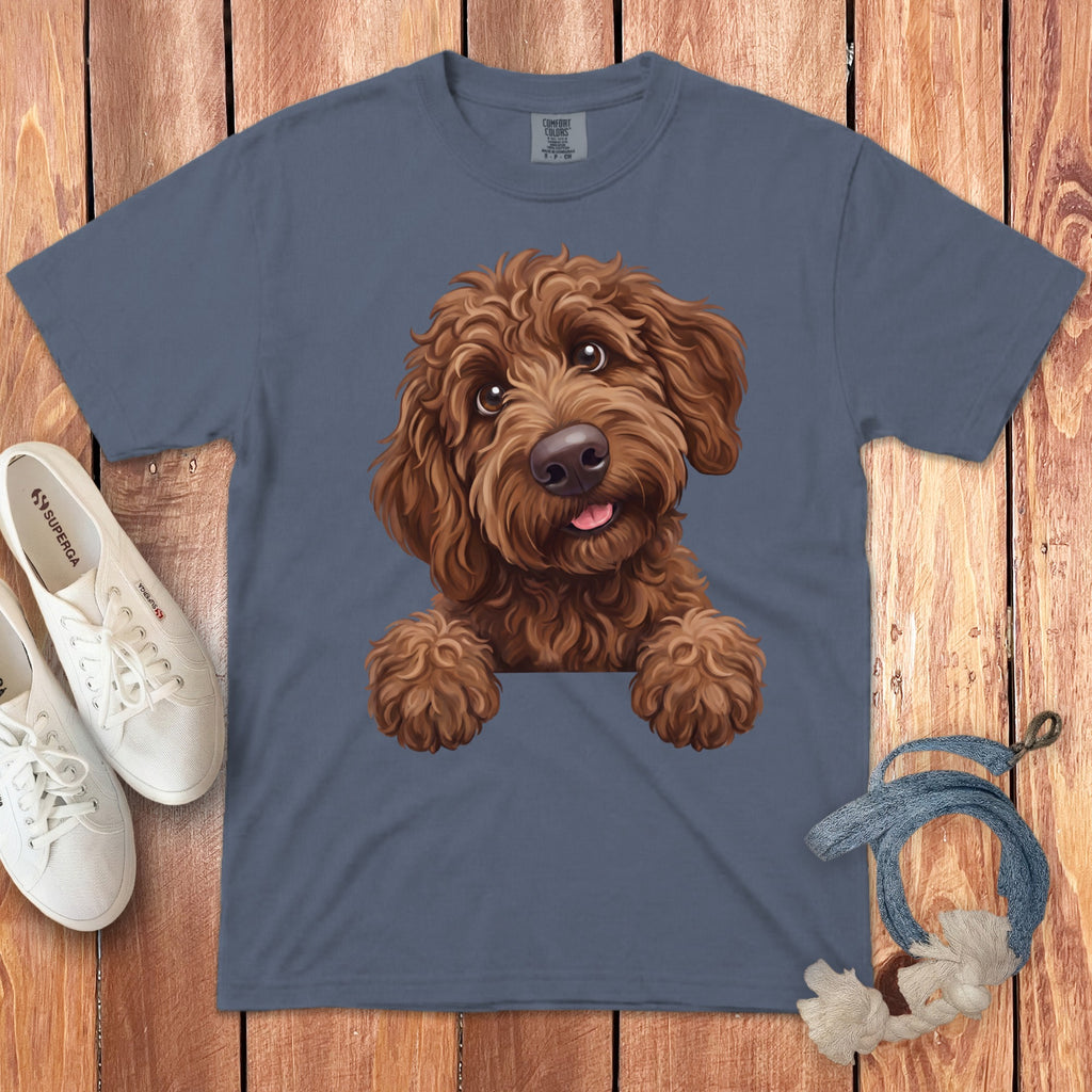 Slate blue t-shirt featuring a graphic of a brown doodle dog resting its paws.