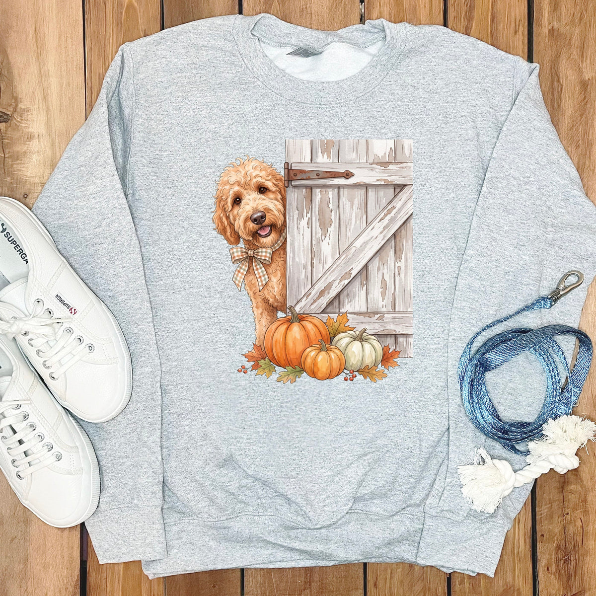 Apricot Goldendoodle Barn Peeking Sweatshirt in Sport Grey / S by Puppy Jo