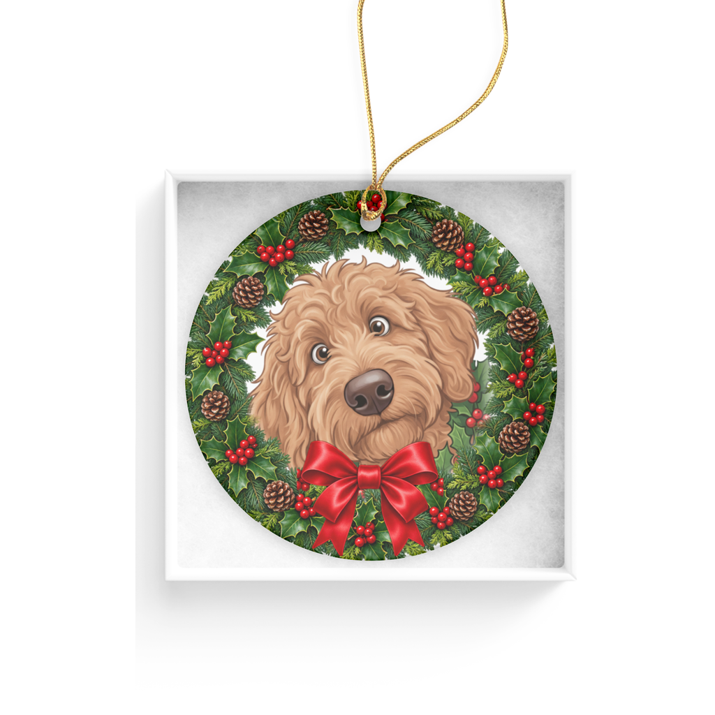 Peeking Holly Apricot Goldendoodle Ornament