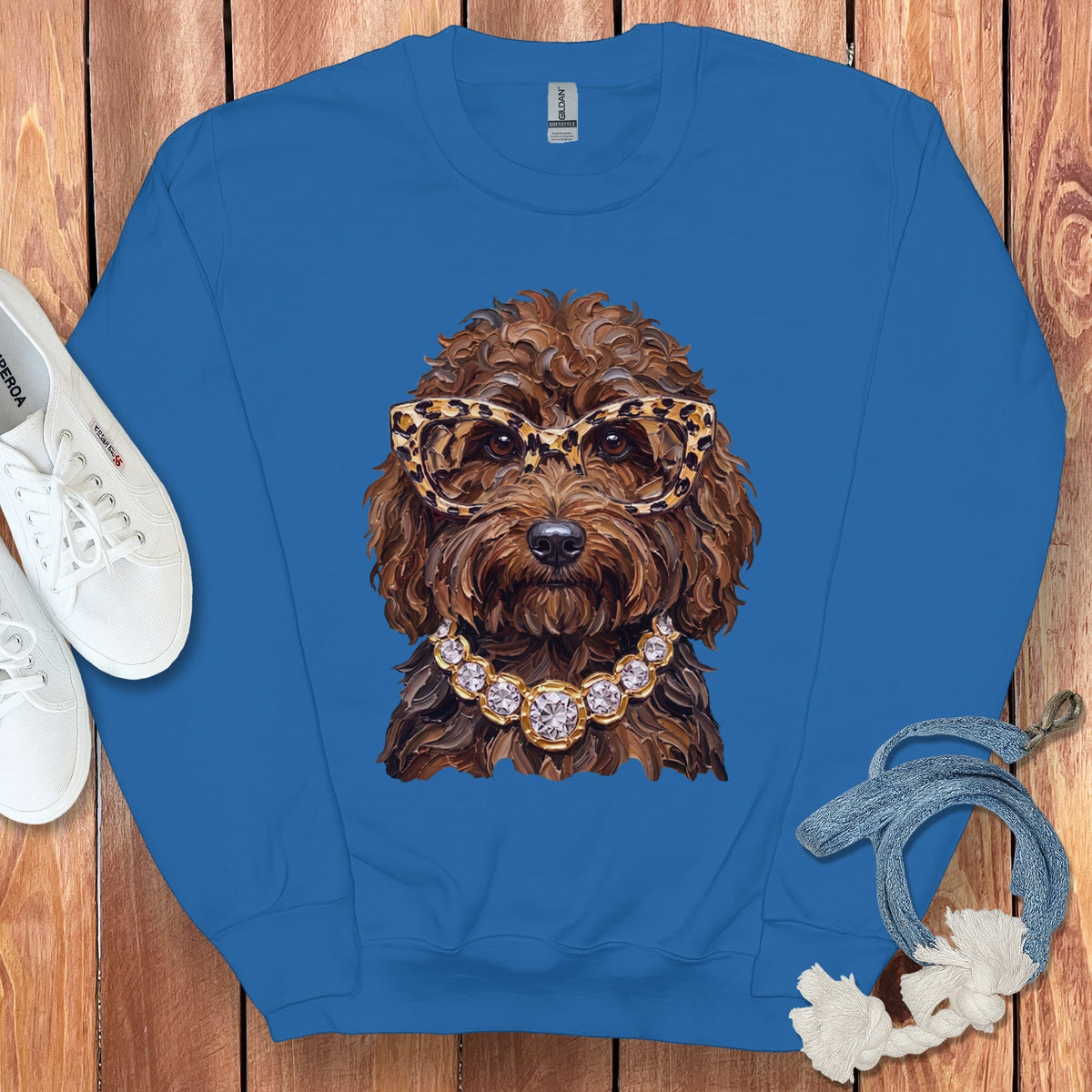 Chocolate Goldendoodle Glam Sweatshirt in Royal / S by Puppy Jo