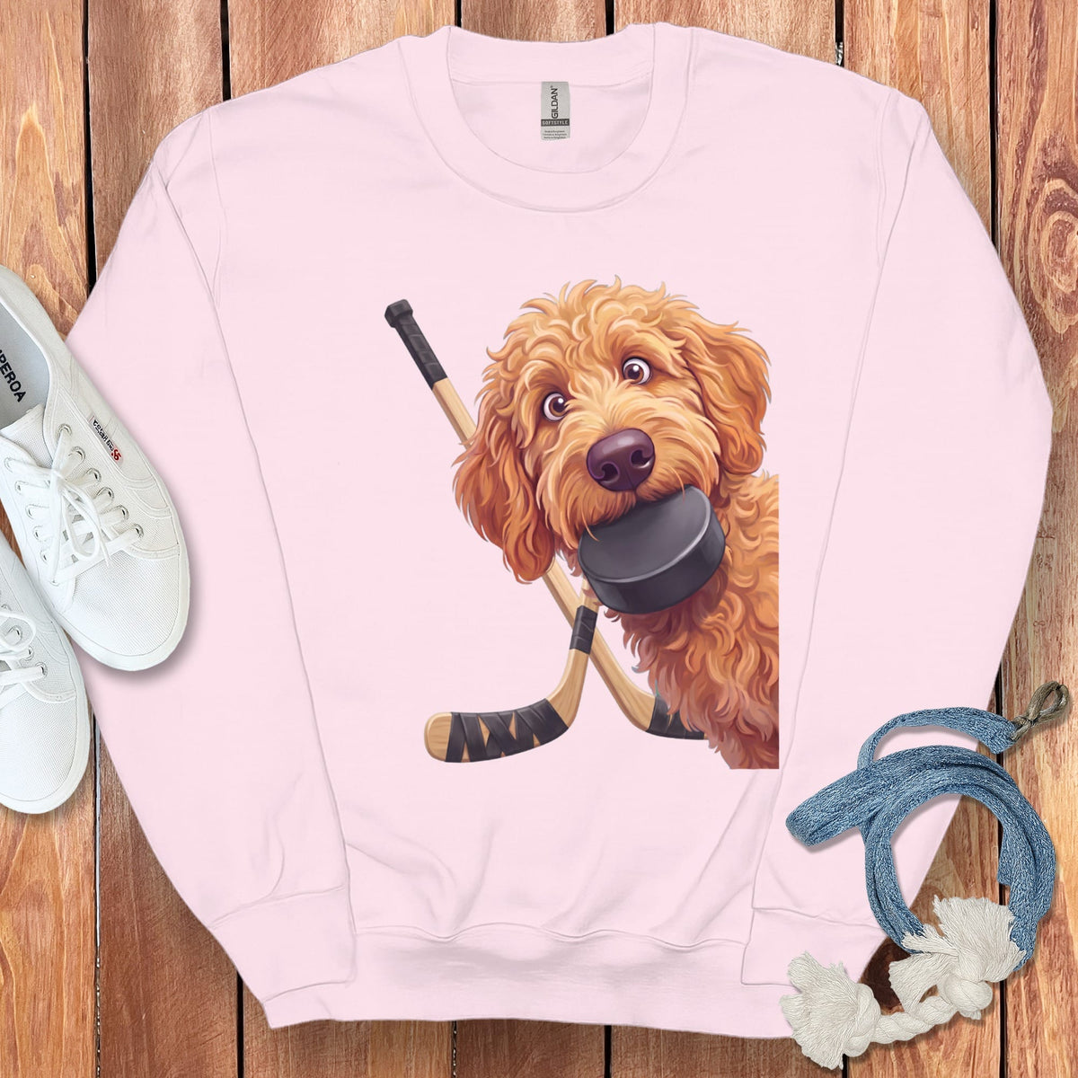 Apricot Goldendoodle Hockey Sweatshirt in Light Pink / S by Puppy Jo