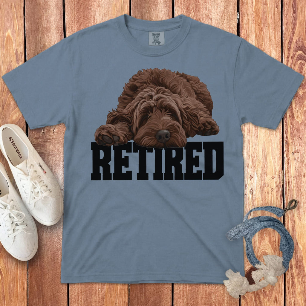 Retired Sleeping Chocolate Goldendoodle Signature T-Shirt in Blue Jean / S by Puppy Jo