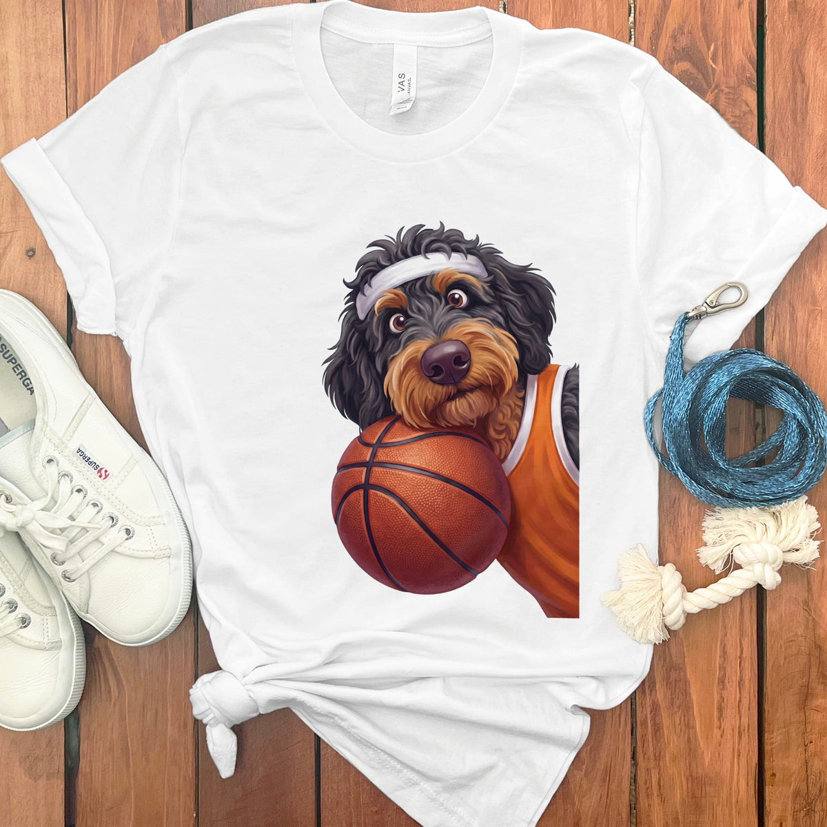 Phantom Goldendoodle Basketball Player T-Shirt in White / S by Puppy Jo