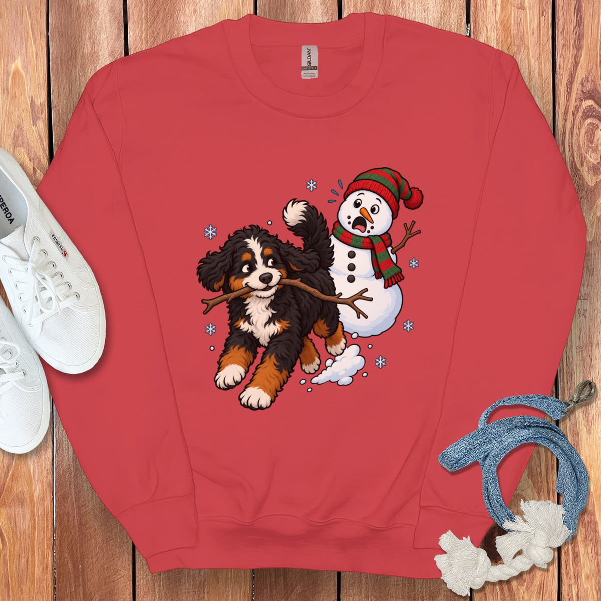 Bernedoodle Snowman Sweatshirt in Red / S by Puppy Jo