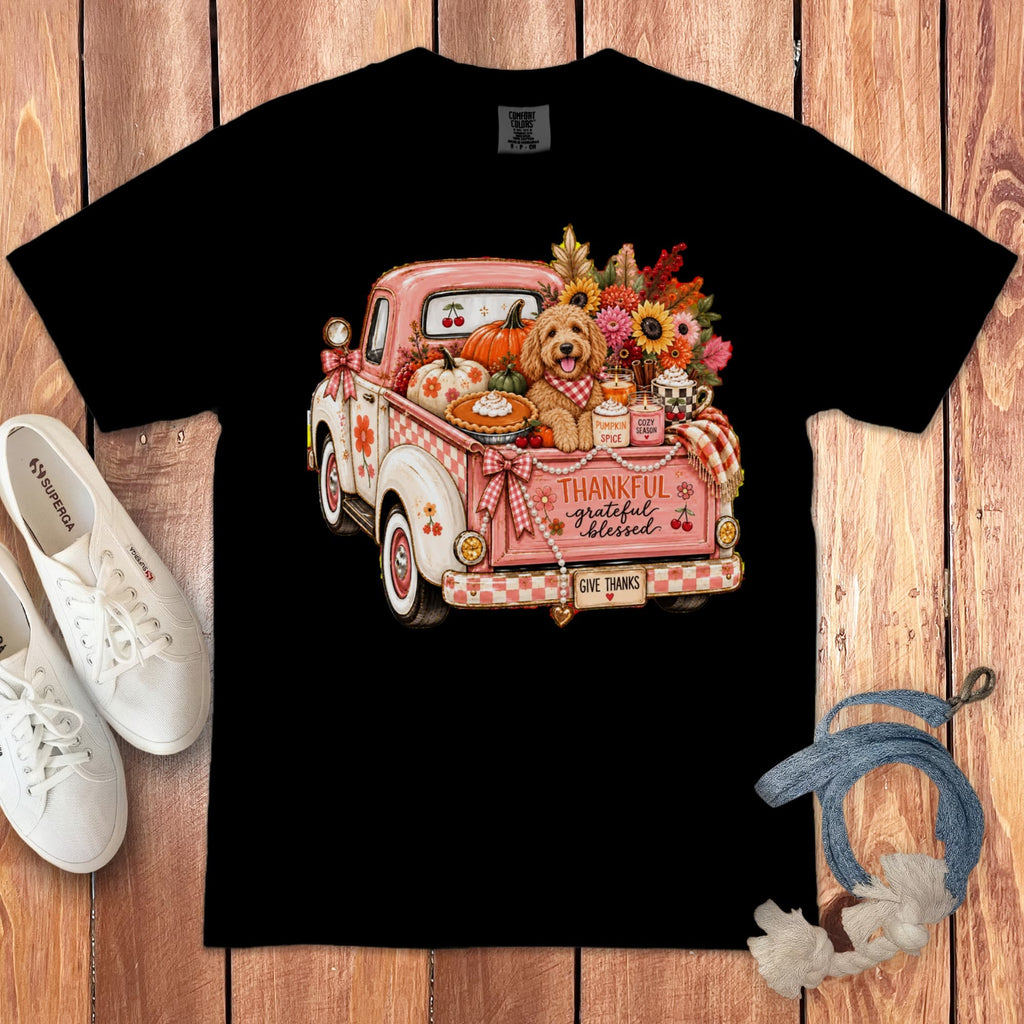 Apricot Goldendoodle Fall Truck Signature T-Shirt in Black / S by Puppy Jo
