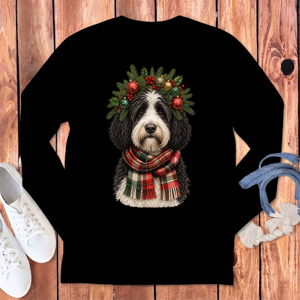 Sheepadoodle Holiday Crown Long Sleeve T-Shirt in Black / S by MyDesigns