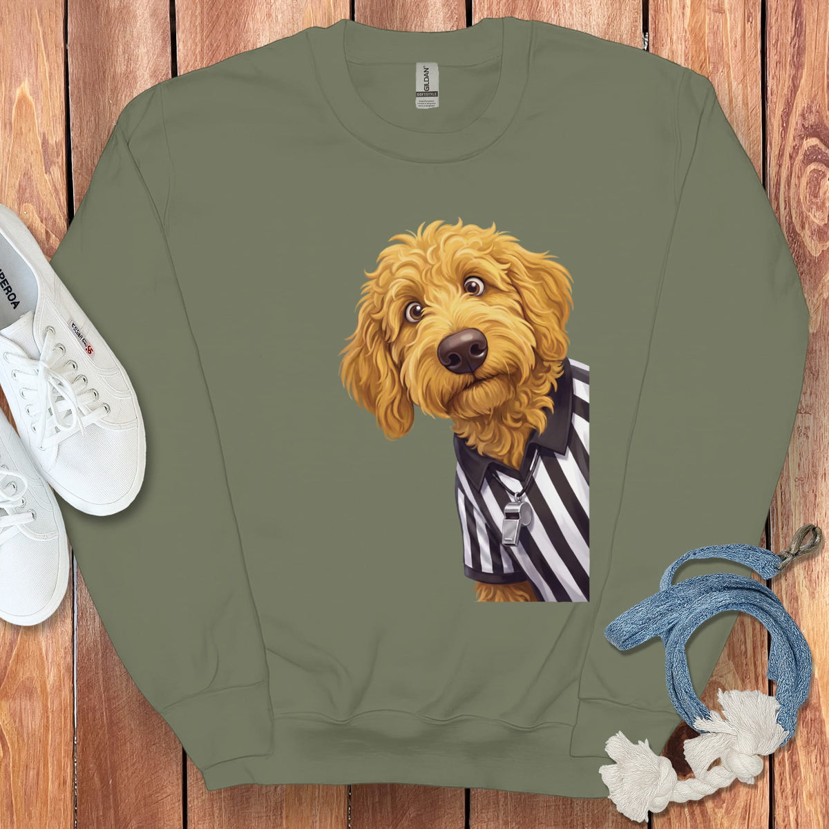 Golden Goldendoodle Football Referee Sweatshirt in Military Green / S by Puppy Jo