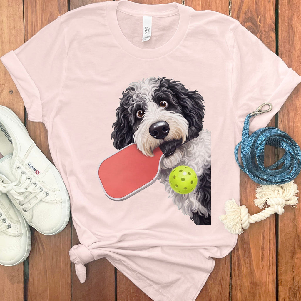 Sheepadoodle Pickleball T-Shirt in Soft Pink / S by Puppy Jo