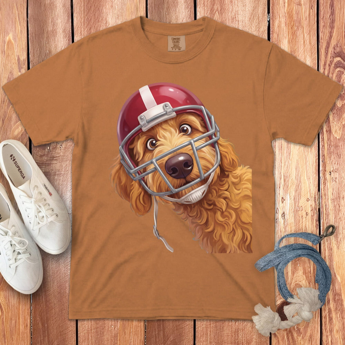 Apricot Goldendoodle Football Helmet Signature T-Shirt in Yam / S by Puppy Jo