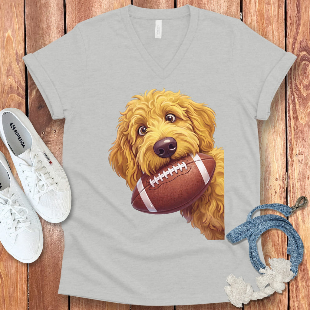 Golden Goldendoodle Football V-Neck T-Shirt in Athletic Heather / S by Puppy Jo