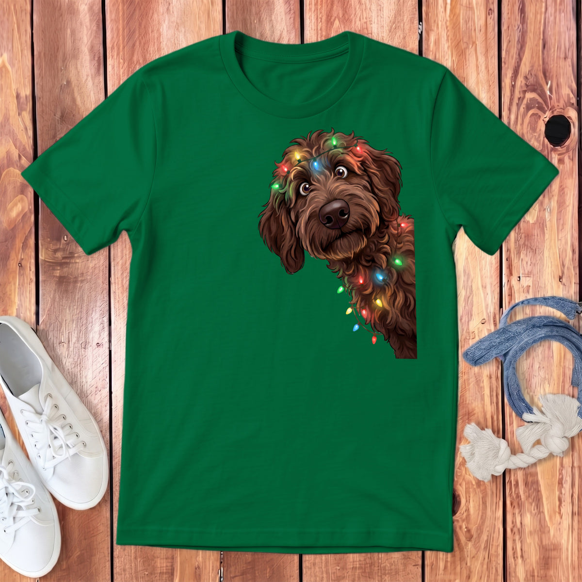 Green t-shirt with brown doodle dog tangled in colorful Christmas lights.