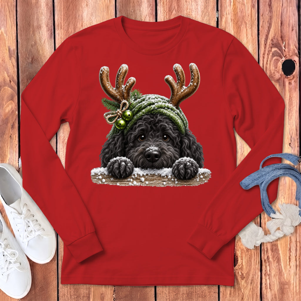 Black poodle wearing reindeer antlers and green knit hat on red shirt