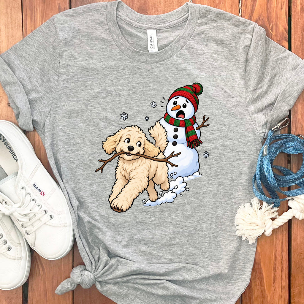 Cream Goldendoodle Snowman T-Shirt in Athletic Heather / S by Puppy Jo