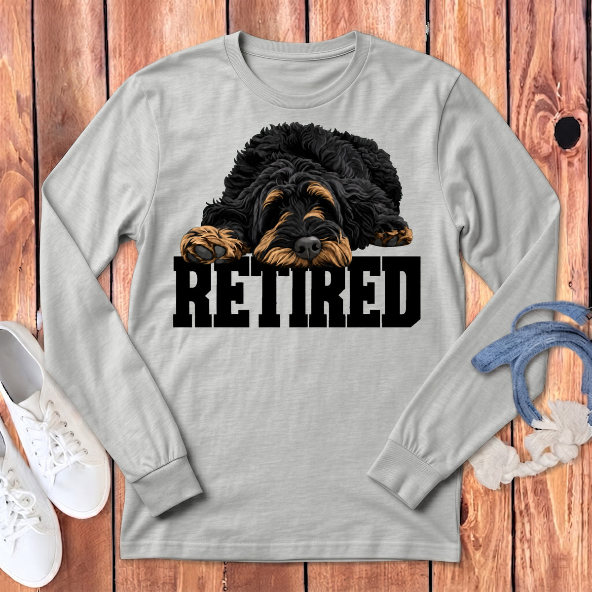 Retired Sleeping Phantom Goldendoodle Long Sleeve T-Shirt in Athletic Heather / S by Puppy Jo