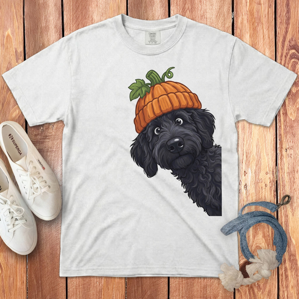 White t-shirt with a black dog wearing a pumpkin hat graphic.