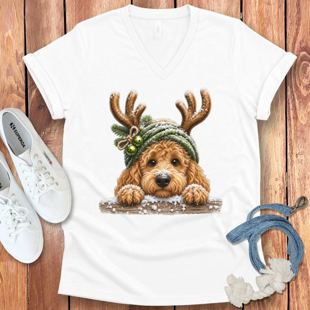 White t-shirt with Christmas doodle dog wearing antlers and knit hat.