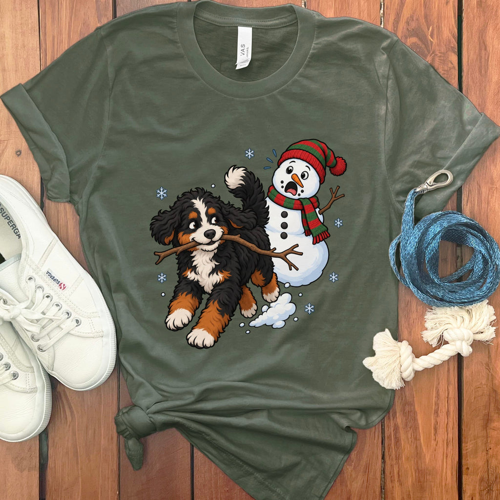 Bernedoodle Snowman T-Shirt in Military Green / S by Puppy Jo