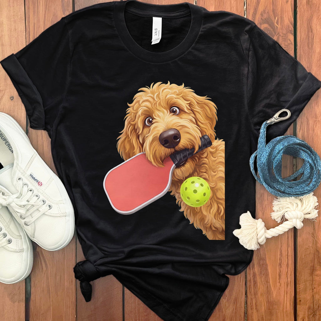 Golden Goldendoodle Pickleball T-Shirt in Black / S by Puppy Jo