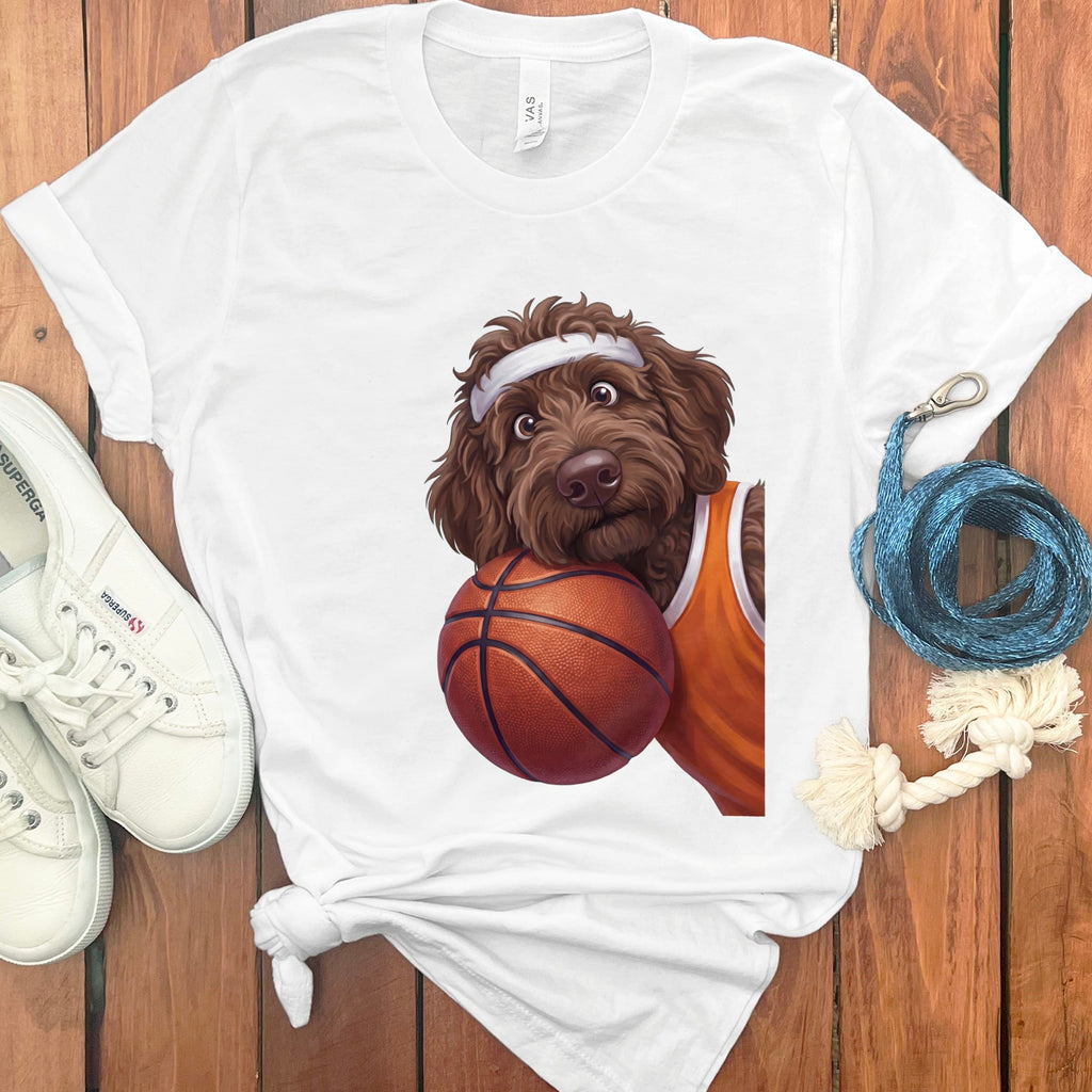 Chocolate Goldendoodle Basketball Player T-Shirt in White / S by Puppy Jo