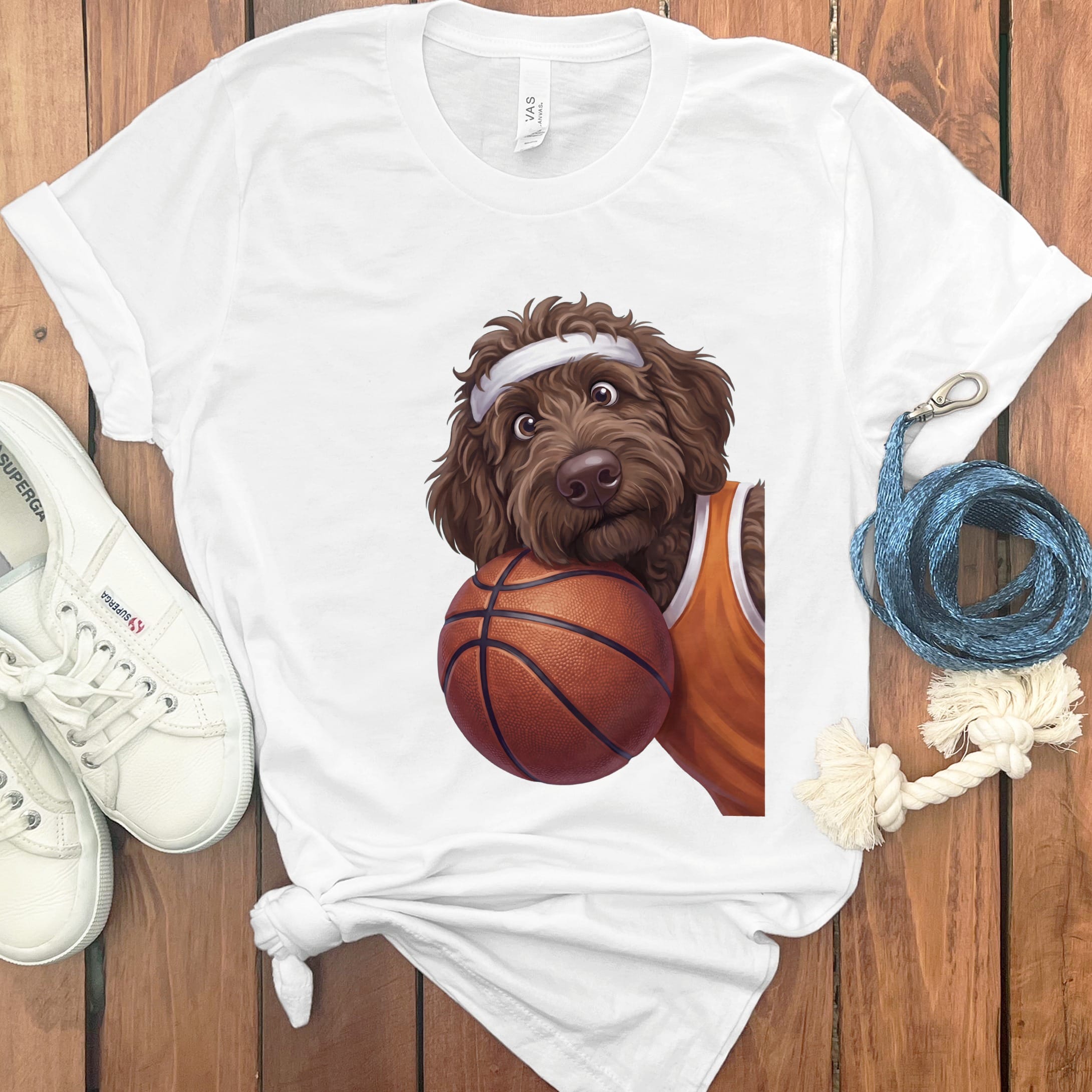 Chocolate Goldendoodle Basketball Player T-Shirt in White / S by Puppy Jo
