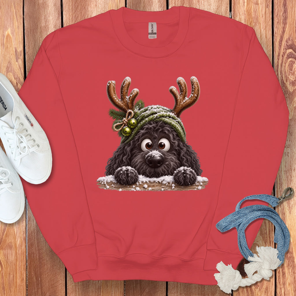Red sweatshirt with a cartoon black dog wearing reindeer antlers and a green beanie.