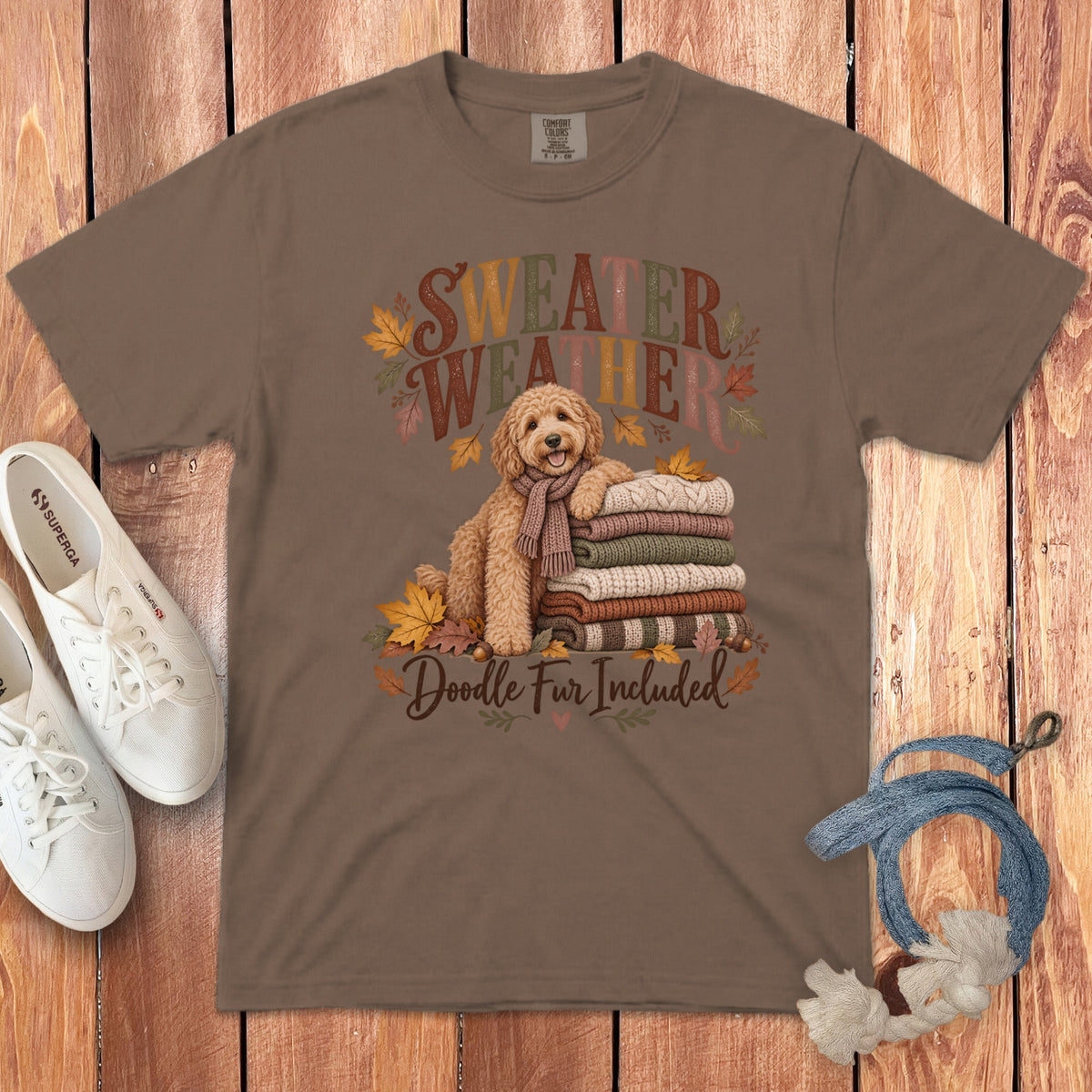 Brown t-shirt with "Sweater Weather Doodle Fur Included" text and a dog.