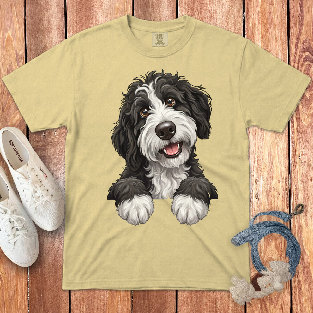 Yellow t-shirt with a black and white dog graphic and white Superga sneakers.