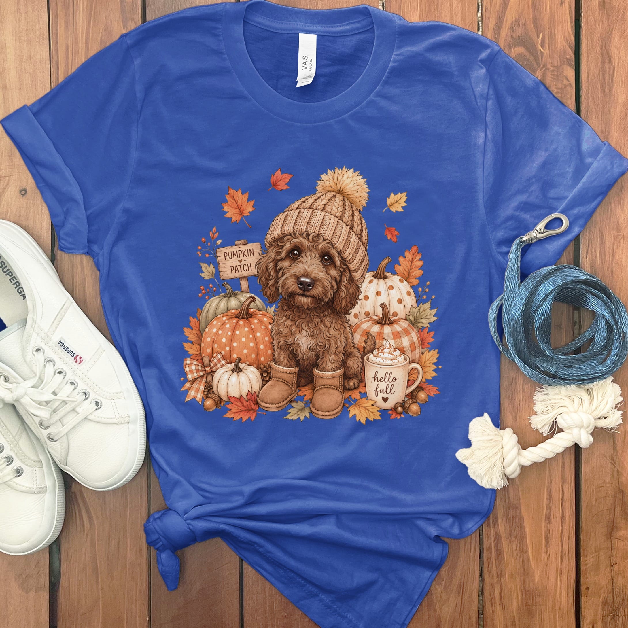 Chocolate Goldendoodle Pumpkin Patch T-Shirt in True Royal / S by Puppy Jo