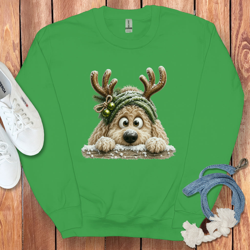 Green sweatshirt with a cartoon dog wearing antlers and a green beanie.