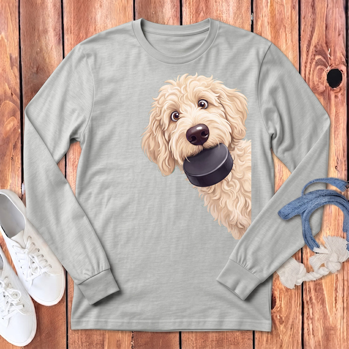 Cream Goldendoodle Hockey Puck Long Sleeve T-Shirt in Athletic Heather / S by Puppy Jo