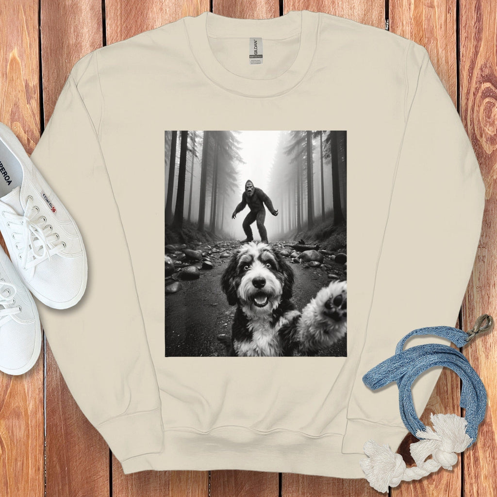 Selfie With Dog in Foggy Forest Scene Sweatshirt