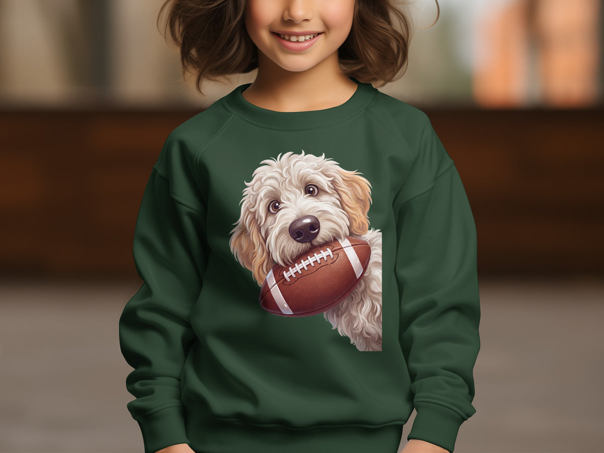 Green sweatshirt with fluffy dog holding a football graphic on chest.